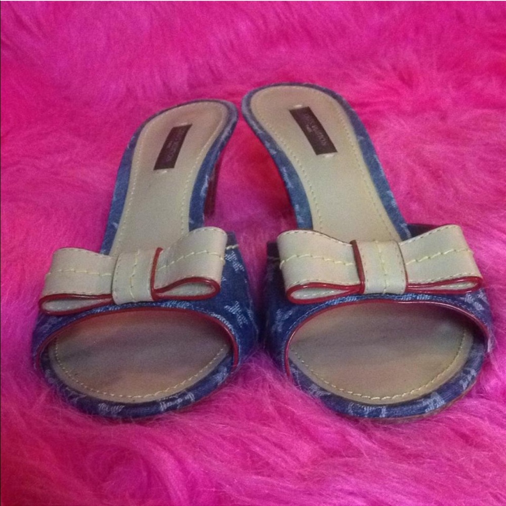 Louis Vuitton Denim Heels Mules Shoes Slides Bow - Picture 2 of 8